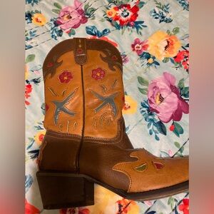 Dan Post Brown and Tan Ankle Boots with Floral Embroidery